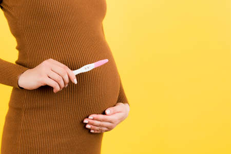 Cropped image of pregnant woman in brown dress showing positive pregnancy test with two stripes at...