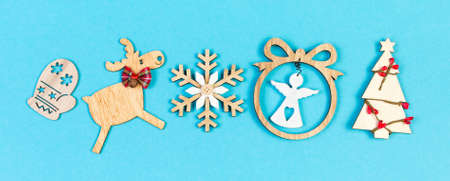 Banner top view of holiday ornament made of Christmas decorations on colorful background. New Year time concept with copy space.の写真素材