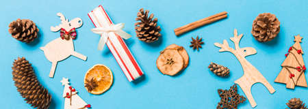 Top view Banner of Christmas decorations on blue background. New Year holiday concept with copy space.の写真素材