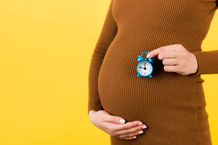 Close up of alarm clock against pregnant woman's belly in home clothing at blue background. Copy space. Prenatal concep.の写真素材