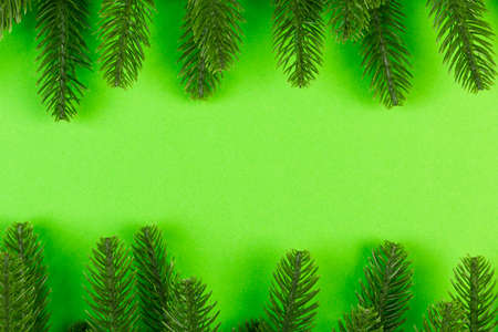 Top view of frame made of fir tree on colorful background with copy space. Merry Christmas concept.の写真素材