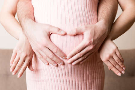 Pregnancy, expectation of a couple of child. Future parents with hands in the form of heart. The man put his hand on the woman's tummy.の写真素材