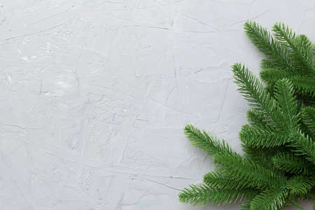 Christmas holiday background with copy space for advertising text. Fir branches on color background. Flat lay, top view.の写真素材