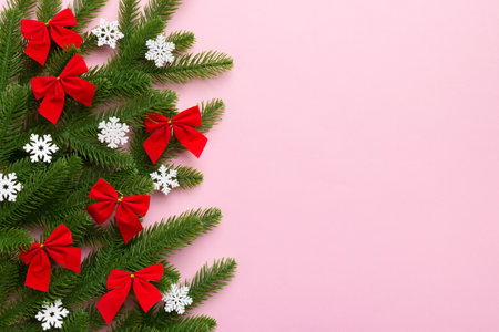 Christmas background with fir branches and Christmas decor. Top view, copy space for text.
