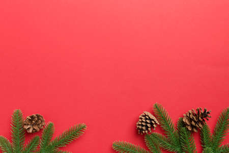 Christmas background with fir branches and Christmas decor. Top view, copy space for text.