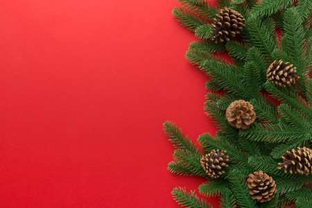 Christmas holiday background with copy space for advertising text. Fir branches and pine cone on...