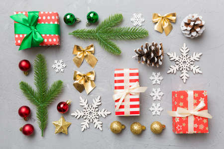 New Year composition. Christmas decor background with gift boxes. Top view with copy space.の写真素材