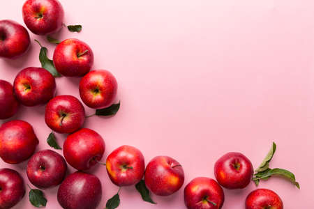 Many red apples on colored background, top view. Autumn pattern with fresh apple above view with copy space for design or text.の写真素材