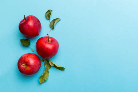 Many red apples on colored background, top view. Autumn pattern with fresh apple above view with...