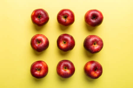Many red apples on colored background, top view. Autumn pattern with fresh apple above view.の写真素材