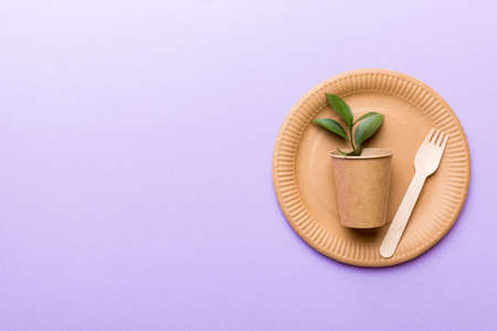set of empty reusable disposable eco-friendly plates, cups, utensils on light white colored table background. top view. Biodegradable craft dishes. Recycling concept. Close-up.の写真素材