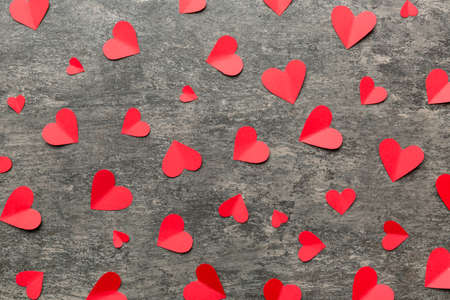 Valentine day background with red hearts, top view with copy space.の写真素材