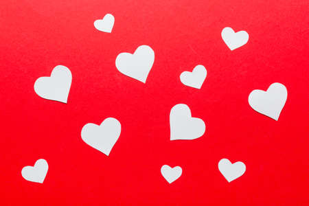 Valentine day background with red hearts, top view.の写真素材
