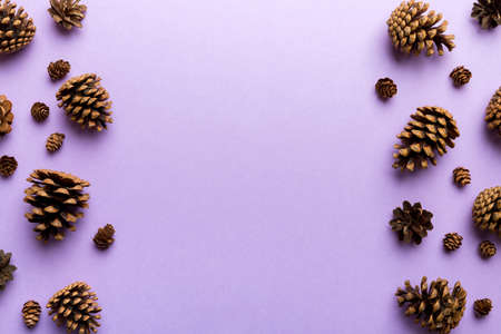 Christmas pine cones on colored paper border composition. Christmas, New Year, winter concept. Flat...
