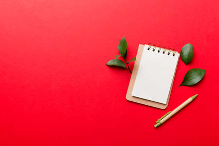 eco-friendly Empty notebook with pen and green leaf on Colored background for note.