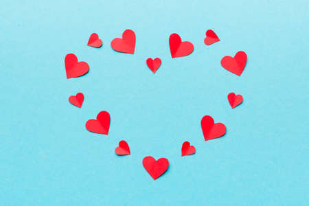 beautiful red heart frame. Valentine day background top view with copy space.の写真素材
