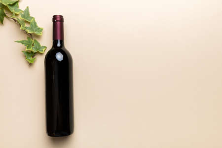 One Bottle of red wine on colored table. Flat lay, top view wth copy space.の写真素材