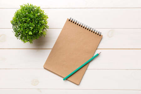 Modern office desk table with notebook and other supplies with green tree. Blank notebook page for you design. Top view, flat lay.の写真素材