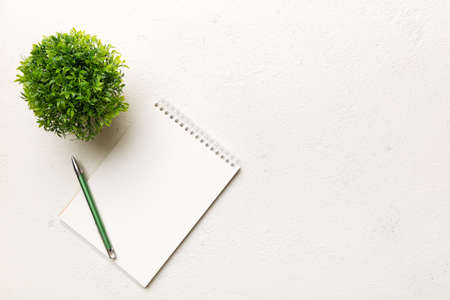 Modern office desk table with notebook and other supplies with green tree. Blank notebook page for you design. Top view, flat lay.の写真素材