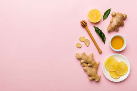 Natural cold and flu home remedies. Natural ingredients for immunity stimulation and viruses protection. top view flat lay.の写真素材