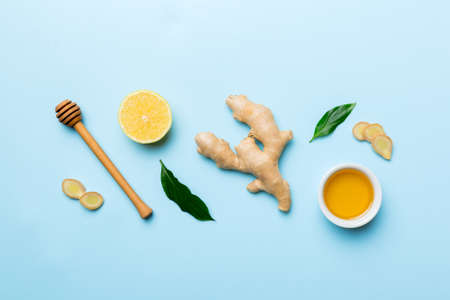 Natural cold and flu home remedies. Natural ingredients for immunity stimulation and viruses protection. top view flat lay.の写真素材