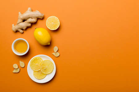 Natural cold and flu home remedies. Natural ingredients for immunity stimulation and viruses protection. top view flat lay.の写真素材