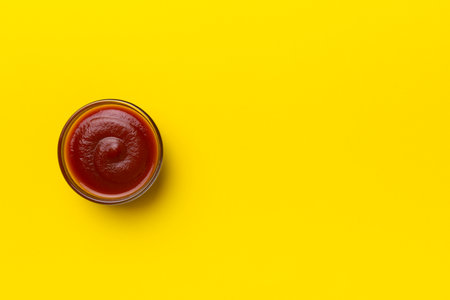 Bowl of ketchup or tomato sauce on colored background, top view with copy space.