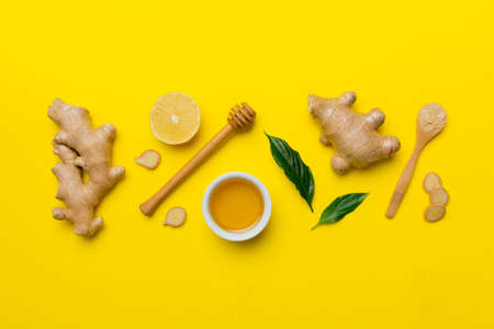 Natural cold and flu home remedies. Natural ingredients for immunity stimulation and viruses protection. top view flat lay.の写真素材