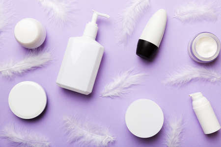 Spa cosmetic product, cream jar, branding mock up, top view with feathers background. flat lay.の写真素材