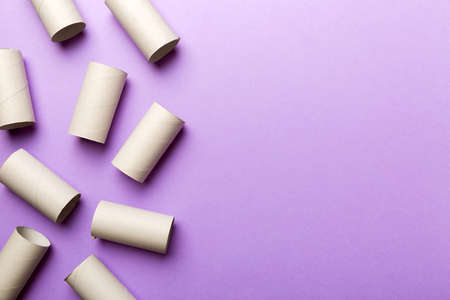 Flat lay composition with empty toilet paper rolls and space for text on color background....