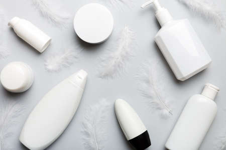 Spa cosmetic product, cream jar, branding mock up, top view with feathers background. flat lay.の写真素材