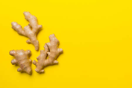 Finely dry Ginger powder in bowl with green leaves isolated on colored background. top view flat lay.の写真素材