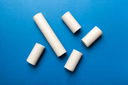 Empty toilet paper roll on colored background. Recyclable paper tube with metal plug end made of...