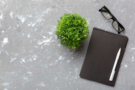 Modern office desk table with notebook and other supplies with green tree. Blank notebook page for...