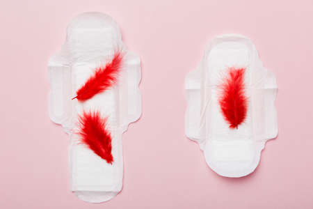Women hygiene products or Sanitary pad with red feather on colored background. pastel color. closeup. Empty place for text. Female daily hygiene.の写真素材