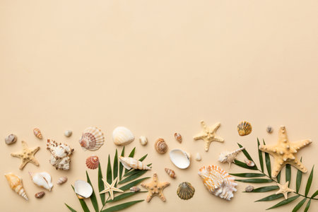 Summer time concept Flat lay composition with beautiful starfish and sea shells on colored table,...