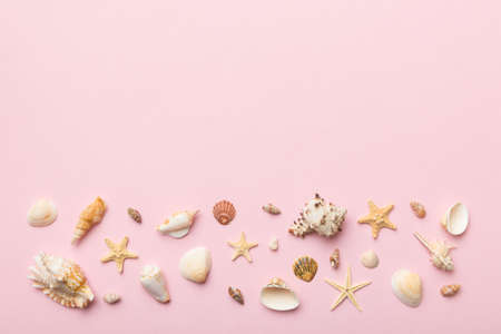 Summer time concept Flat lay composition with beautiful starfish and sea shells on colored table, top view with copy space for text.の写真素材