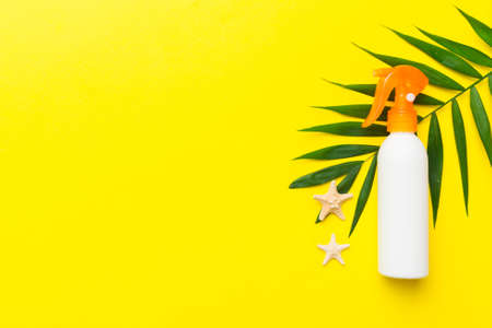 Sunscreen spray bottle. Bottle with sun protection cream and sea shells with tropical green leaf on color background, top view.の写真素材