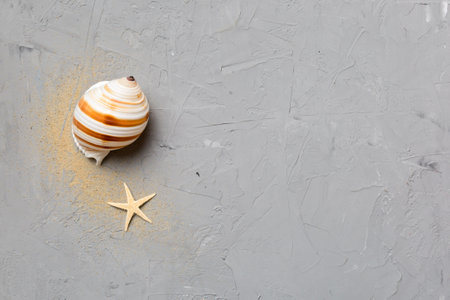 Summer time concept Flat lay composition with beautiful starfish and sea shells on colored table,...