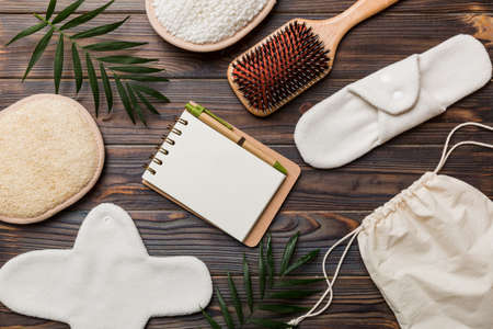 Zero waste concept. Eco-friendly home daily accessories. top view.の写真素材