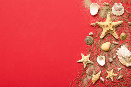 Summer time concept Flat lay composition with beautiful starfish and sea shells on colored table,...