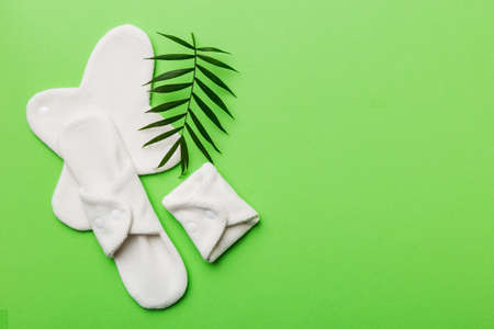 lean feminine sanitary napkin with green leaf. Absence of menstruation in women. Minimal concept of female menopause. Copy space top view.の写真素材