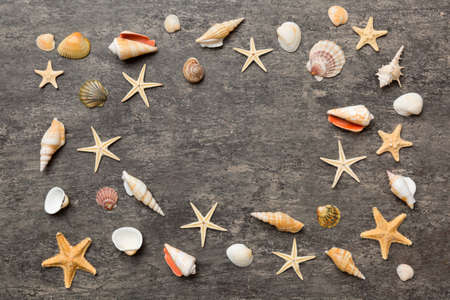 Summer time concept Flat lay composition with beautiful starfish and sea shells on colored table,...