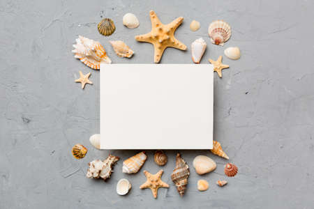 Summer time concept with blank greeting card and blank white paper on colored background. Seashells from ocean shore in the shape of frame separated with space for text top view.の写真素材