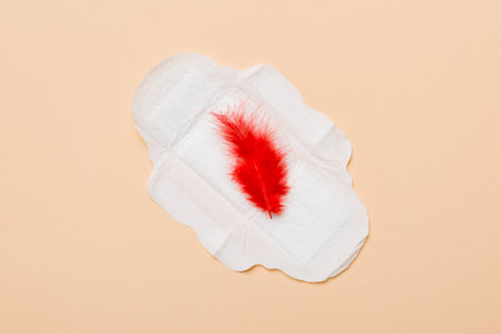 Women hygiene products or Sanitary pad with red feather on colored background. pastel color. closeup. Empty place for text. Female daily hygiene.の写真素材