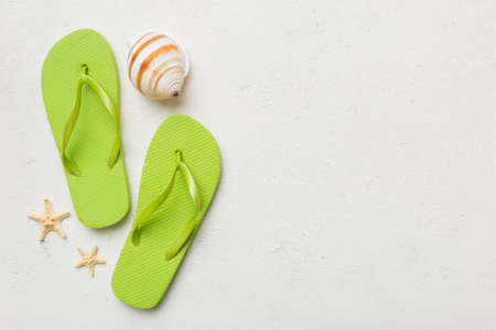Flat lay composition with flip flops and seashell on colored background. Space for text view.