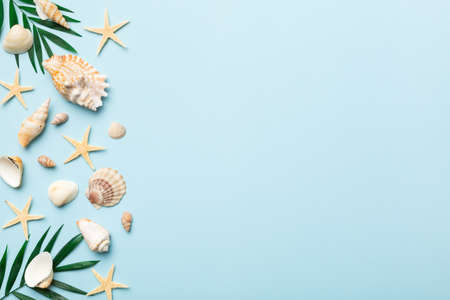 Summer time concept Flat lay composition with beautiful starfish and sea shells on colored table,...