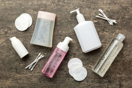 Mockup for bathing products top view flat lay, spa razor, toothpaste, soap, gel and other various...