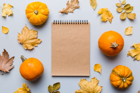 Autumn composition: fallen leaves and notebook mock up on colored background. top view. Flat lay with copy space.の写真素材