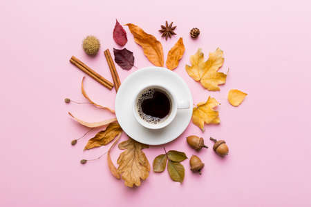 Flat lay composition with colorful Autumn cup of coffee and leaves on a color background. top view.の写真素材